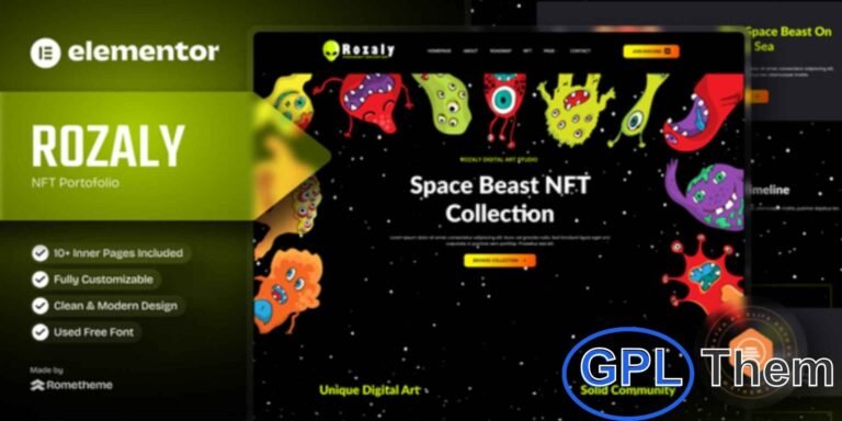 Rozaly – NFT Portfolio Elementor Template Kit Rozaly is a modern NFT Portfolio Elementor Template Kit crafted for showcasing digital art, NFT collections, and crypto projects. It comes with 13+ professionally designed pre-built templates featuring a sleek dark style and fully responsive layout.