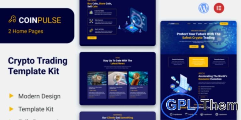 Coinpulse – Cryptocurrency & Trading Elementor Template Kit Coinpulse is a modern Elementor Template Kit designed for cryptocurrency, trading platforms, and blockchain-related websites. Perfect for showcasing crypto services, digital wallets, exchange platforms, and investment opportunities, this kit offers clean, responsive, and professional layouts.