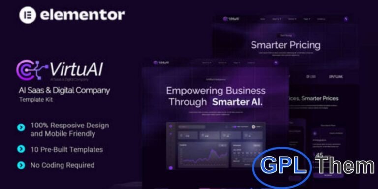 VirtuAI – AI SaaS & Digital Company Elementor Template Kit VirtuAI is a modern Elementor Template Kit designed for AI SaaS platforms, digital businesses, and tech companies looking to establish a strong online presence. Perfect for startups, software enterprises, and cloud service providers, this kit offers a sleek design optimized for speed, performance, and full responsiveness.