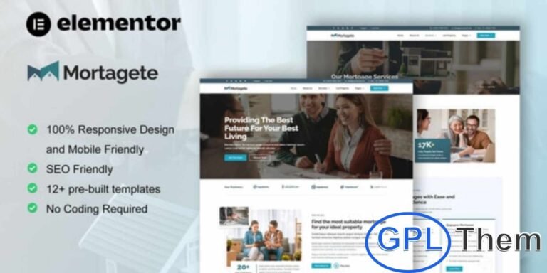 Mortagete – Mortgage Company Elementor Template Kit Mortagete is a modern Elementor Template Kit designed for mortgage companies, property agents, real estate firms, and apartment agencies. Featuring 12+ pre-built templates with a stylish and professional design, it allows you to create a beautiful and fully responsive website effortlessly.