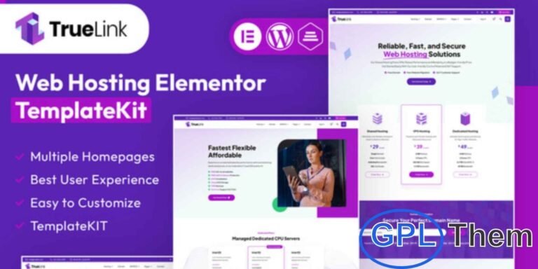 TrueLink – Web Hosting Elementor Template Kit TrueLink is a modern Elementor Template Kit built exclusively for web hosting businesses and related services. Featuring sleek layouts, professional design, and WHMCS integration, this kit makes it easy to create a powerful hosting website without coding.