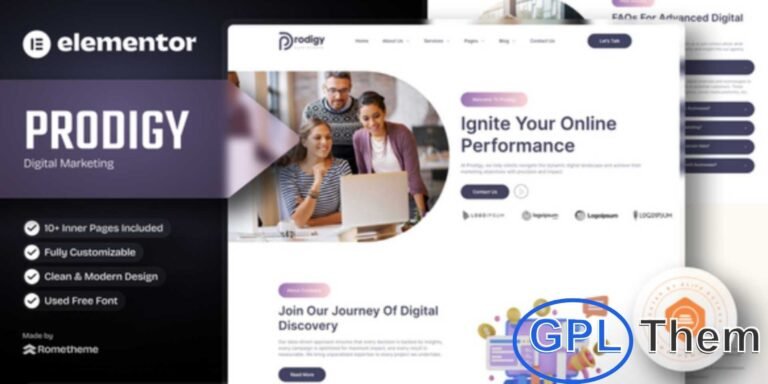 Prodigy – Digital Marketing Elementor Template Kit Prodigy is a modern Elementor Template Kit built for digital marketing agencies, creative businesses, and online marketing services. With a professional selection of pre-designed templates, it’s perfect for showcasing brand identity, content creation, content marketing, SEO services, and other marketing solutions.