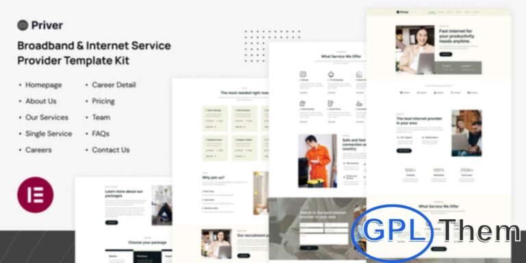 Priver – Broadband & Internet Service Provider Elementor Pro Template Kit Priver is a modern Elementor Pro Template Kit designed for broadband, internet, and telecommunication service providers. Perfect for building professional websites for ISPs, satellite TV, online TV, cable television, and telecom companies, this template kit delivers a clean, responsive, and fully functional design.