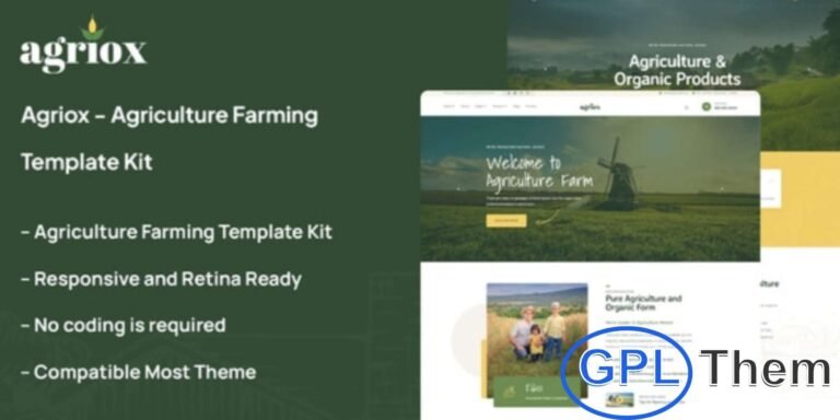 Agriox – Agriculture & Farming Elementor Template Kit Agriox is a modern and clean Elementor Template Kit designed for agriculture, farming, eco-solutions, organic food businesses, and farming community websites. With a professional and responsive layout, Agriox allows you to showcase your services, highlight projects, and introduce your skilled team with ease.