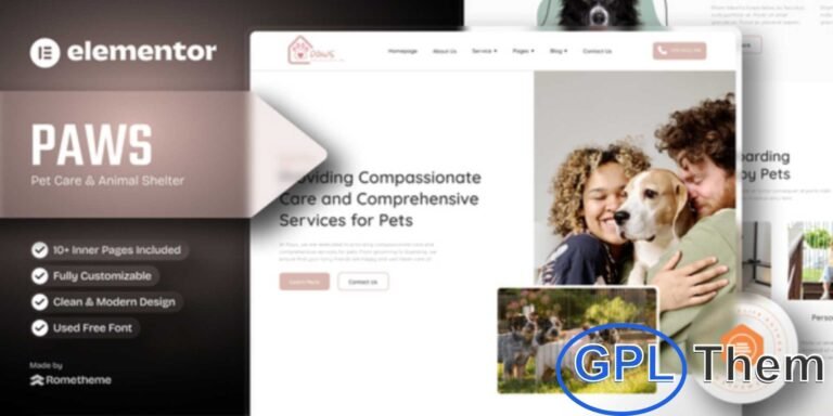 Paws – Pet Care & Animal Shelter Elementor Template Kit Paws is a modern Elementor Template Kit crafted for pet care services, veterinary clinics, and animal shelters. Perfect for dog daycare, pet grooming, pet boarding, cat lovers, and adoption centers, this kit provides everything you need to build a professional website.