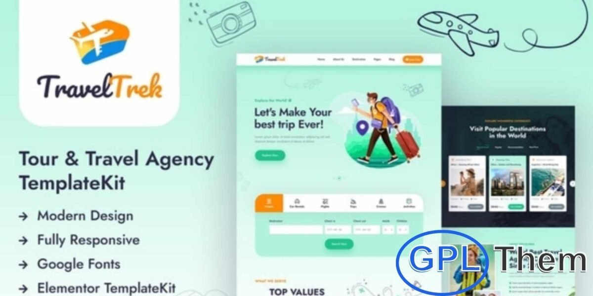 Travel Trek – Tour & Travel Agency Elementor Template Kit Travel Trek is a modern Elementor Template Kit designed for travel agencies, tour operators, and travel planners. Perfect for promoting top destinations, hotel bookings, car rentals, flight ticketing, and organized trips, it helps create a professional and engaging travel website.