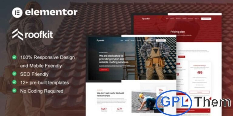 RoofKit – Roofing Services Elementor Pro Template Kit RoofKit is a professional Elementor Pro Template Kit built specifically for roofing service websites. Featuring a clean, modern, and fully responsive design, this kit is perfect for businesses offering roof repair, roof installation, roof coating, roof inspection, roof maintenance, and roof renovation services.