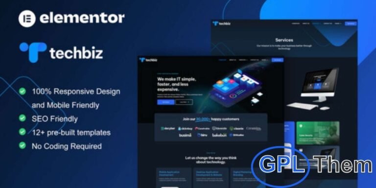 TechBiz – Tech Company Elementor Pro Template Kit TechBiz is a modern and professional Elementor Pro Template Kit designed for technology companies and startups. Featuring a clean, sleek, and responsive design, it’s perfect for showcasing IT services, software development, hosting solutions, cybersecurity, cloud services, and online marketing.