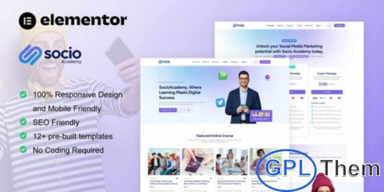 SocioAcademy – Social Media Management Course Elementor Template Kit SocioAcademy is a professional Elementor Pro Template Kit designed for social media management courses and online education websites.