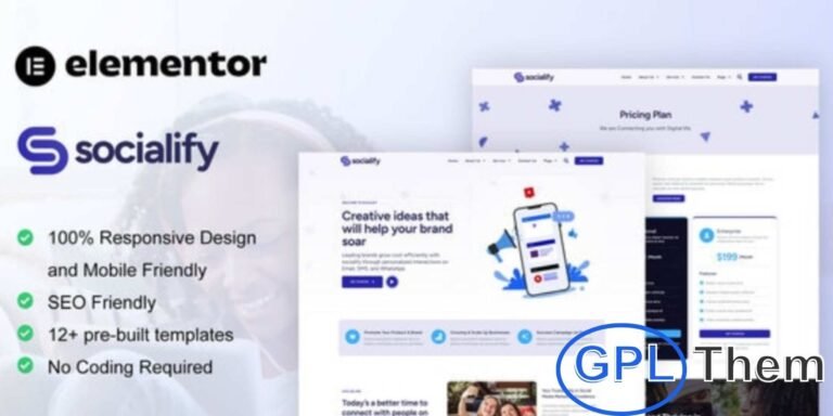 Socialify – Social Media Marketing Agency Elementor Pro Template Kit Socialify is a modern Elementor Pro Template Kit designed for social media marketing agencies and digital businesses. Featuring 12+ pre-built templates with sleek, contemporary designs, it makes creating a professional website quick and easy.