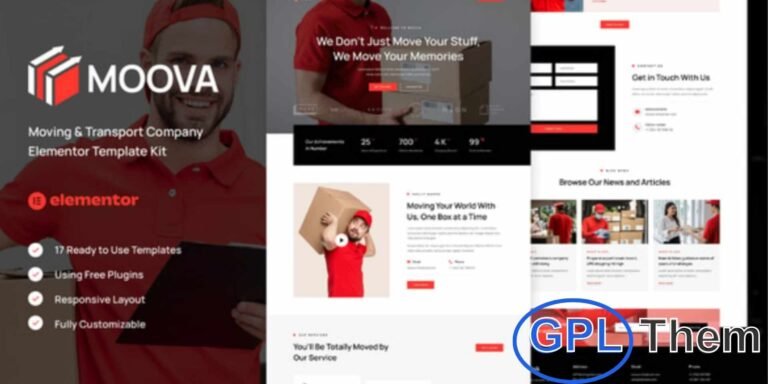 Moova – Moving & Transport Company Elementor Template Kit Moova is a professional Elementor Template Kit designed specifically for moving companies, logistics services, and transport businesses. Ideal for local moving, long-distance moving, or corporate relocation services, this kit comes with a clean, modern, and fully responsive design.