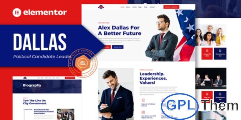 Dallas – Political Candidate & Leader Elementor Template Kit Dallas is a modern Political Candidate & Leader Elementor Template Kit designed to build professional websites for politicians, leaders, and election campaigns. Packed with 12+ pre-built templates, this kit features a fully responsive layout, clean design, and easy customization options.