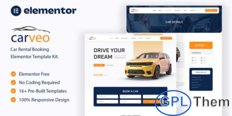 Carveo – Car Rental Elementor Template Kit Carveo is a premium Car Rental Elementor Template Kit designed to create professional websites for car rental services with ease. Built for WordPress using the powerful Elementor Page Builder, Carveo helps you showcase rental cars, highlight pricing, offer booking options, and promote exclusive deals.