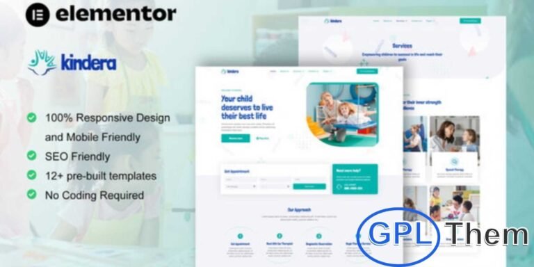 Kindera – Child Therapist & Psychologist Service Elementor Template Kit Kindera is a professional Elementor Template Kit designed for child therapists, psychologists, and mental health services. With 12+ modern, fully responsive templates, it’s perfect for building websites for kids’ psychiatrists, online counselors, family therapy, mental health clinics, life coaches, and children’s therapy services.