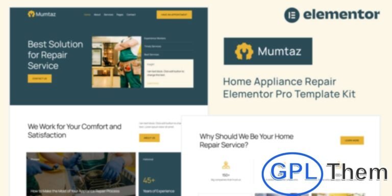 Mumtaz – Home Appliance Repair Elementor Pro Template Kit Mumtaz is a professional Elementor Pro Template Kit designed for home appliance repair and handyman services. Perfect for repair businesses, construction companies, electricians, and maintenance service providers, this kit helps you showcase your expertise with a modern and contemporary design.