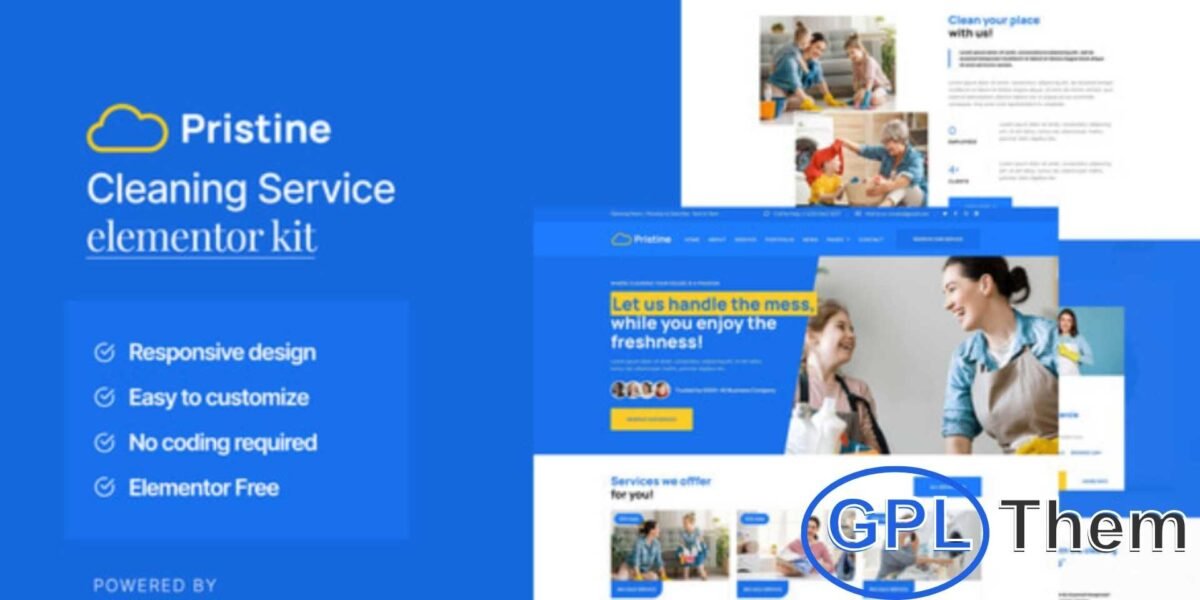 Pristine – Cleaning Service Elementor Template Kit Pristine is a modern and professional Elementor Template Kit crafted for cleaning service websites. Featuring a clean layout and responsive design, it’s perfect for businesses offering house cleaning, office cleaning, carpet cleaning, window cleaning, laundry services, hospital cleaning, rooftop cleaning, and floor cleaning.