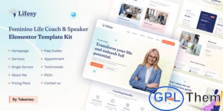 Lifesy – Feminine Life Coach & Speaker Elementor Template Kit Lifesy is a stylish and feminine Elementor Template Kit designed for life coaches, motivational speakers, business mentors, personal coaches, and career consultants. With a modern and professional design, it features a 100% responsive, retina-ready layout that looks stunning on all devices.