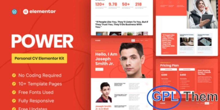 Power – Personal CV Elementor Pro Template Kit Power is a professional Elementor Pro Template Kit designed for personal CV and portfolio websites. With its minimal and clean visual style, this template includes 12+ carefully crafted pages to highlight your skills, experience, and achievements.