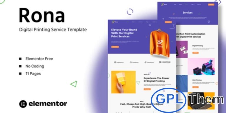 Rona – Digital Printing Service Elementor Template Kit Rona is a professional Elementor Template Kit designed for digital printing service websites. Built for WordPress using the Elementor Page Builder, it allows you to create a modern and fully responsive website quickly and easily.