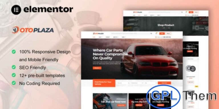 OtoPlaza – Auto Parts Store & Accessories Elementor Pro Template Kit OtoPlaza is a professional Elementor Pro Template Kit designed for auto parts stores and car accessories websites. Perfect for creating WordPress and WooCommerce online shops, this kit allows you to sell car spare parts, auto parts, and accessories with ease.