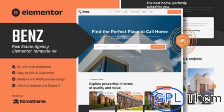 Benz – Real Estate Elementor Template Kit Benz is a modern Elementor Template Kit designed specifically for real estate companies, agencies, and property businesses. This kit includes a wide selection of templates perfect for property listings, home rentals, real estate agencies, property management, and portfolio showcases.