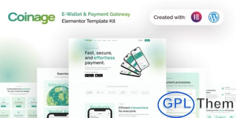 Coinage – E-Wallet & Payment Gateway Elementor Pro Template Kit Coinage is a professional Elementor Pro Template Kit designed for fintech, banking, and digital payment websites. Perfect for e-wallets, payment gateways, and financial apps, this kit features pre-designed templates that are fully customizable with Elementor’s drag-and-drop builder.