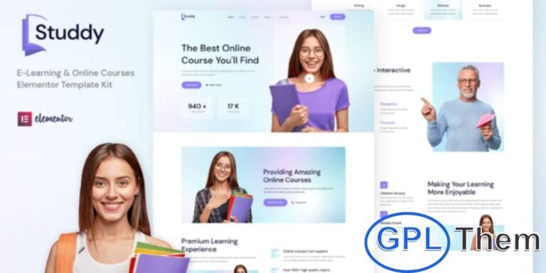 Studdy – E-Learning & Online Courses Elementor Template Kit Studdy is a modern Elementor Template Kit designed for e-learning platforms, online courses, and educational institutes. Perfect for training centers, course hubs, single instructors, webinars, and tutorial websites, it features a clean, professional, and fully responsive design.