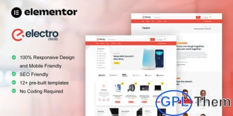 ElectroDeals – WooCommerce Electronics Store Elementor Template Kit ElectroDeals is a modern Elementor Pro Template Kit designed for WooCommerce electronic stores. Ideal for selling gadgets, laptops, computers, and other electronic products, this kit features 12+ pre-built templates with a clean and contemporary design.