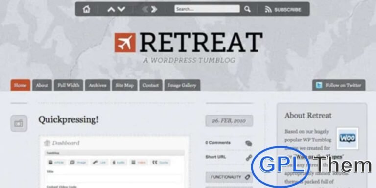 WooThemes Retreat – Premium Microblog WordPress Theme Retreat by WooThemes is a premium WordPress microblog theme designed for bloggers who want a Tumblr-style experience. With its clean and responsive design, Retreat allows you to quickly post notes, articles, images, videos, audio, quotes, and links using a custom QuickPress interface.