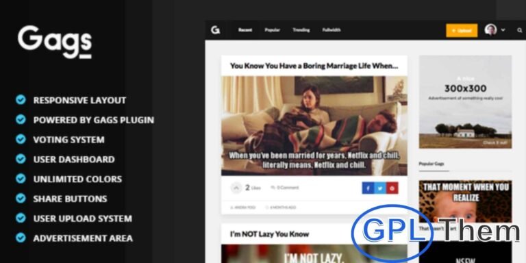 Gags – Meme, Image & Video Sharing WordPress Theme Gags is a dynamic WordPress theme designed for creating meme, gag, and image/video sharing websites, similar to 9GAG. It provides a fun and interactive platform for users to upload, share, and engage with entertaining content.