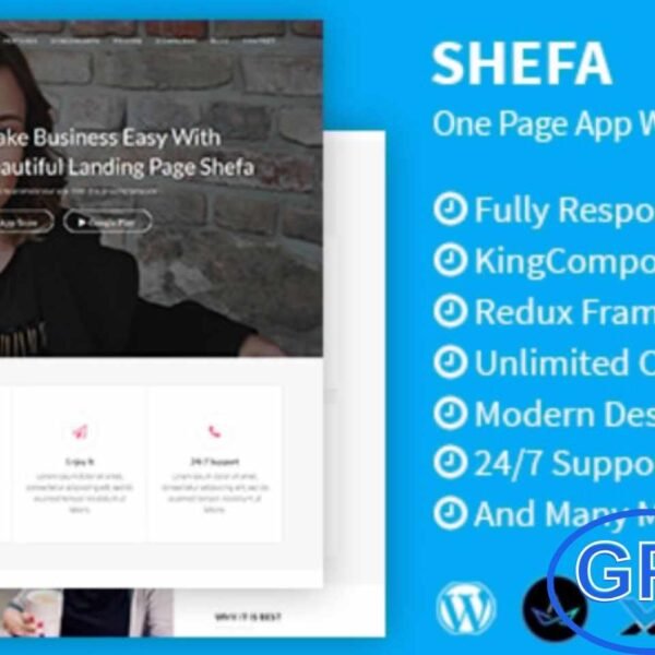 Shefa – One Page App WordPress Theme Shefa is a modern and fully responsive WordPress theme designed to showcase your mobile app with style. Perfect for one-page app landing pages, Shefa features a sleek design, smooth navigation, and full compatibility across all devices.