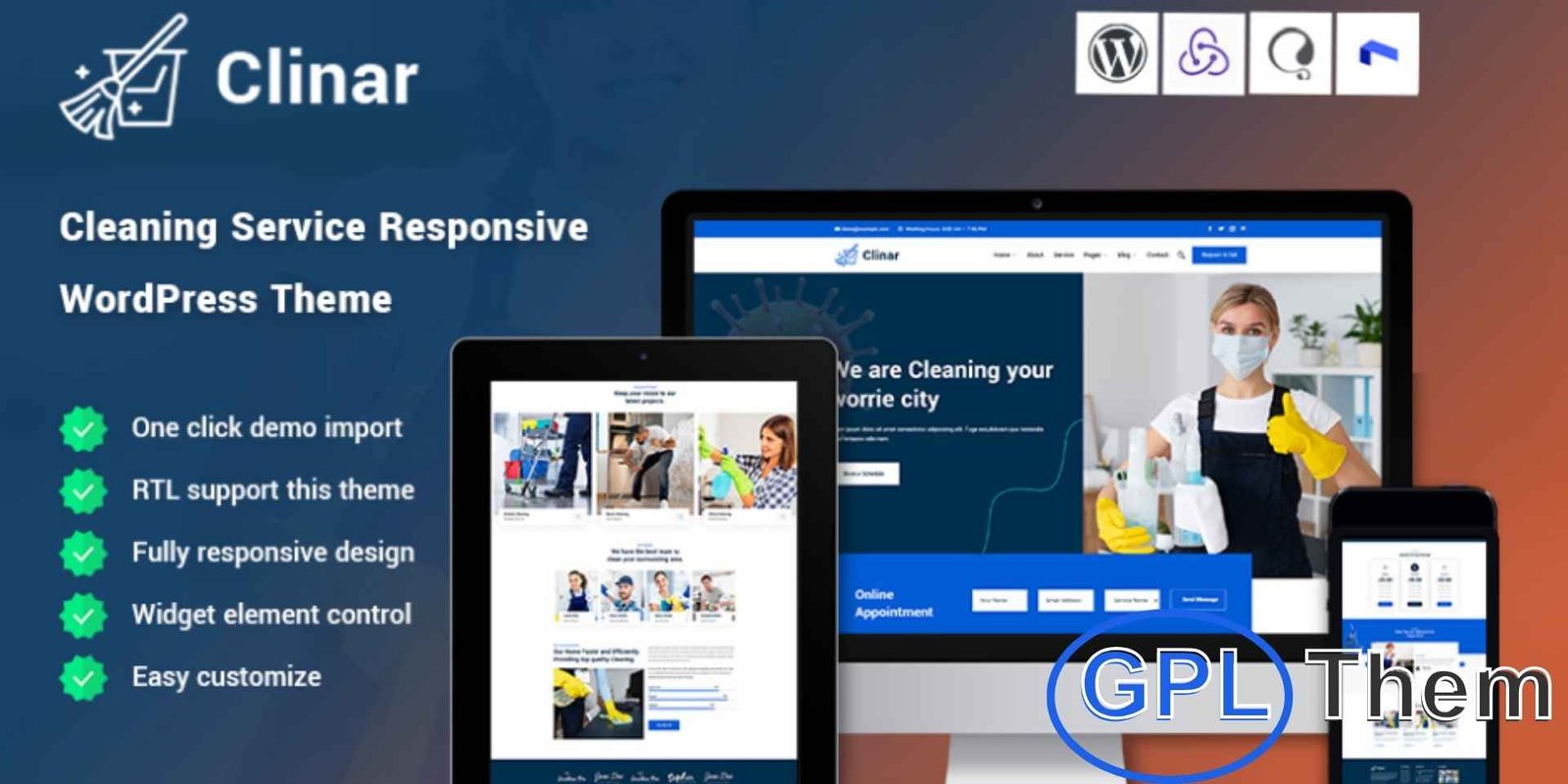 Clinar – Maintenance and Cleaning Service Responsive WordPress Theme Clinar – Maintenance & Cleaning Service Responsive WordPress Theme Clinar is a responsive WordPress theme designed for maintenance, cleaning, and professional service businesses. Built with Bootstrap, CSS, and JavaScript, it ensures fast performance and seamless compatibility across devices. The theme features Google Maps integration, sticky navigation effects, and a back-to-top button for improved user experience.