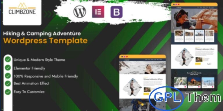 ClimbZone – Hiking & Camping Adventure WordPress Theme ClimbZone is a premium WordPress theme designed for hikers, campers, adventurers, and outdoor enthusiasts. Developed by AT&T Software, it features a clean and visually appealing layout that enhances the look and feel of your website.