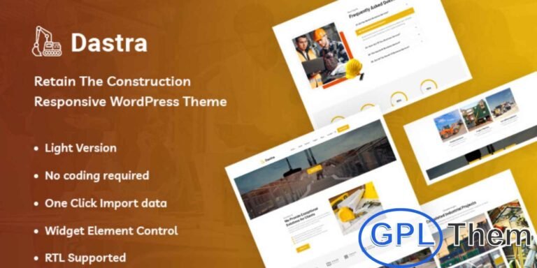 Dastra – Construction & Architecture Responsive WordPress Theme Dastra is a powerful and responsive WordPress theme designed for construction companies, architecture firms, and building service providers. With its creative layout, it offers the perfect solution for showcasing projects, services, and portfolios in a professional way.