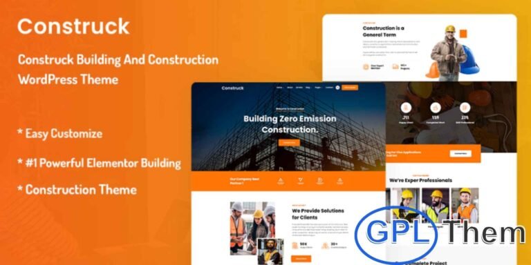 Construck – Building & Construction WordPress Theme Construck is a modern and responsive WordPress theme crafted for construction companies, architecture firms, and building service providers. Designed with high-quality code and creative layouts, it provides a professional platform to showcase projects and services.