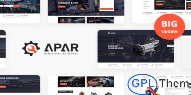 Apar – Auto Parts WordPress Shop Theme Apar is a modern Auto Parts WordPress Shop Theme designed for car accessories and vehicle component stores. Perfect for selling body parts, headlights, brakes, suspension systems, engines, drivetrain parts, tools, and garage equipment, this theme is built to meet the needs of automotive businesses.