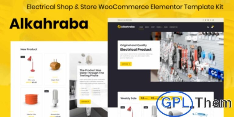 Alkahraba – Electrical Shop & Store WooCommerce Elementor Template Kit Alkahraba is a modern WooCommerce Elementor Template Kit designed for electrical shops and stores. Perfect for both personal and corporate use, this kit helps you build a professional and trustworthy online presence for selling electrical products, appliances, or accessories.