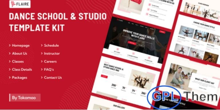 Flaire – Dance School & Studio Elementor Template Kit Flaire is a stylish and modern Elementor Template Kit designed for dance schools, studios, and performing arts websites. Perfect for dance classes, ballet schools, Zumba fitness, yoga studios, and theatre groups, this kit helps you build a professional online presence with ease.