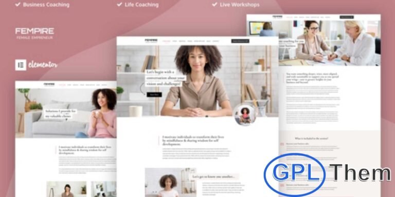 Fempire – Business Coach Elementor Template Kit Fempire is a modern and feminine Elementor Pro Template Kit designed specifically for female business coaches. Perfect for creating professional coaching websites, this kit features a clean, responsive, and pixel-perfect design that looks great on any device.