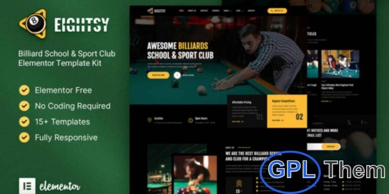 Eightsy – Billiard School & Sports Club Elementor Template Kit Eightsy is a modern and professional Elementor Template Kit designed for Billiard Schools, Billiard Courses, Sports Clubs, Leagues, and Billiard Academies. This clean and responsive template features retina-ready layouts, ensuring a seamless experience on all devices.