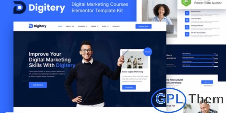 Digitery – Digital Marketing Courses Elementor Template Kit Digitery is a modern Elementor Template Kit designed for digital marketing courses, online education, business coaching, and e-learning websites. With its clean and professional design, it allows you to build a stunning WordPress-based website effortlessly.