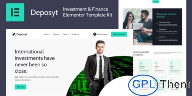 Deposyt – Investment & Finance Elementor Template Kit Deposyt is a premium Elementor Template Kit designed for investment firms, finance companies, and professional business websites. Featuring a modern and elegant design, it provides the perfect layout to showcase financial services, investment plans, and company information.