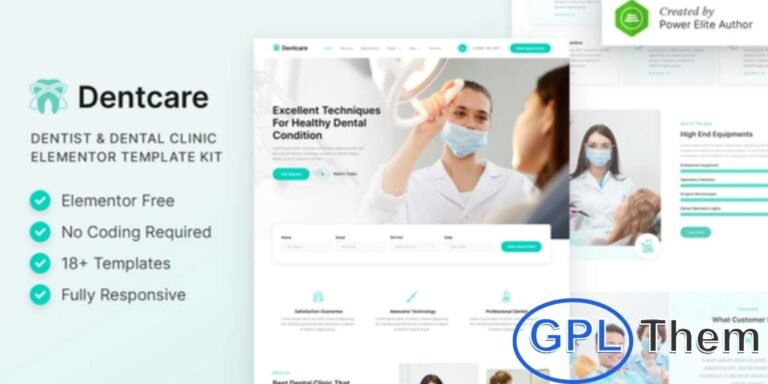 Dentcare – Dentist & Dental Clinic Elementor Template Kit Dentcare is a modern and professional Elementor Template Kit designed for dental clinics, dentists, healthcare providers, and medical businesses. Its clean and unique design helps you create a WordPress website that showcases services, treatments, and doctor profiles effectively.