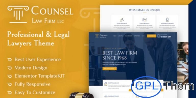 Counsel – Law Firm Elementor Template Kit Counsel is a professional Elementor Template Kit designed for law firms, lawyers, legal services, and attorney landing pages. With a clean and modern design, it helps create a strong online presence for legal businesses.