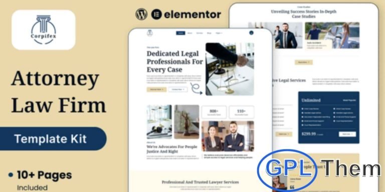Corpifex – Lawyer, Attorney & Law Firm Elementor Template Kit Corpifex is a modern and professional Elementor Template Kit designed for law firms, attorneys, and legal consultants. With a sleek layout and intuitive design, it allows you to showcase your services, expertise, and achievements effectively.