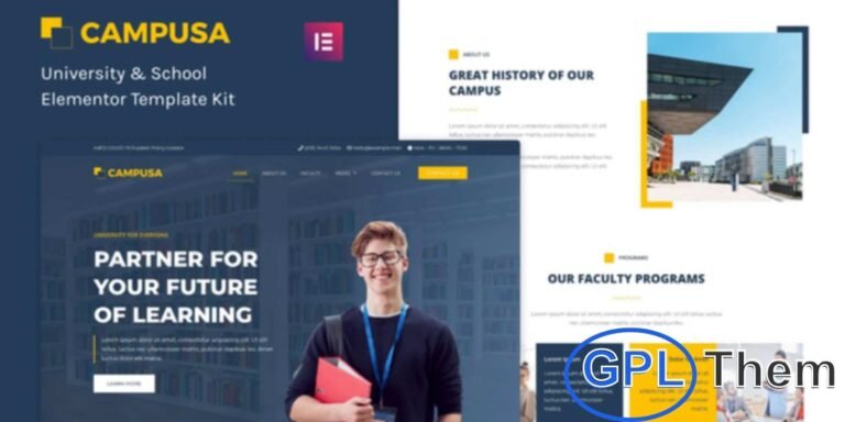 Campusa – University & School Elementor Template Kit Campusa is a modern and versatile Elementor Template Kit designed for universities, schools, colleges, and educational institutions. With a clean and professional layout, it helps create an engaging website to showcase courses, programs, faculty, and campus information.