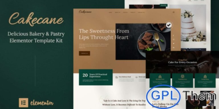 Cakecane – Cake & Pastry Elementor Template Kit Cakecane is a stylish Elementor Template Kit designed for bakeries, cake shops, pastry stores, dessert cafés, and food-related businesses. Featuring a professional and unique design, this template kit helps you showcase cakes, pastries, and dessert products beautifully.