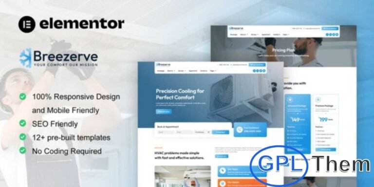 Breezerve – Air Conditioner & HVAC Repair Elementor Pro Template Kit Breezerve is a professional Elementor Pro Template Kit designed for Air Conditioner, HVAC Repair, and related service websites. Perfect for businesses offering AC installation, maintenance, heating, cooling, plumbing, electrical, or solar system services, this kit provides a versatile solution to build a modern online presence.