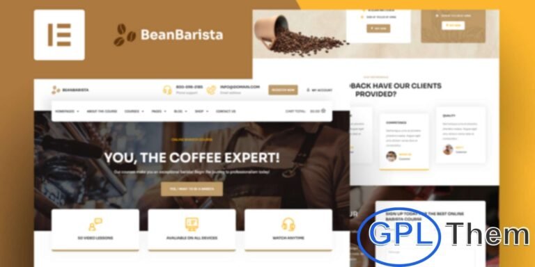 Bean Barista – Online Barista Course Elementor Template Kit Bean Barista is a premium Elementor Template Kit designed for online barista courses, coffee workshops, and coffee training programs. It features a modern and professional design with WooCommerce support for course bookings and product sales.