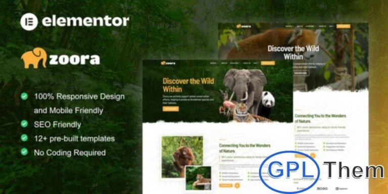Zoora – Safari & Zoo Elementor Pro Template Kit Zoora is a modern Elementor Pro Template Kit specially crafted for safari parks, zoos, animal conservation projects, and wildlife tourism websites.